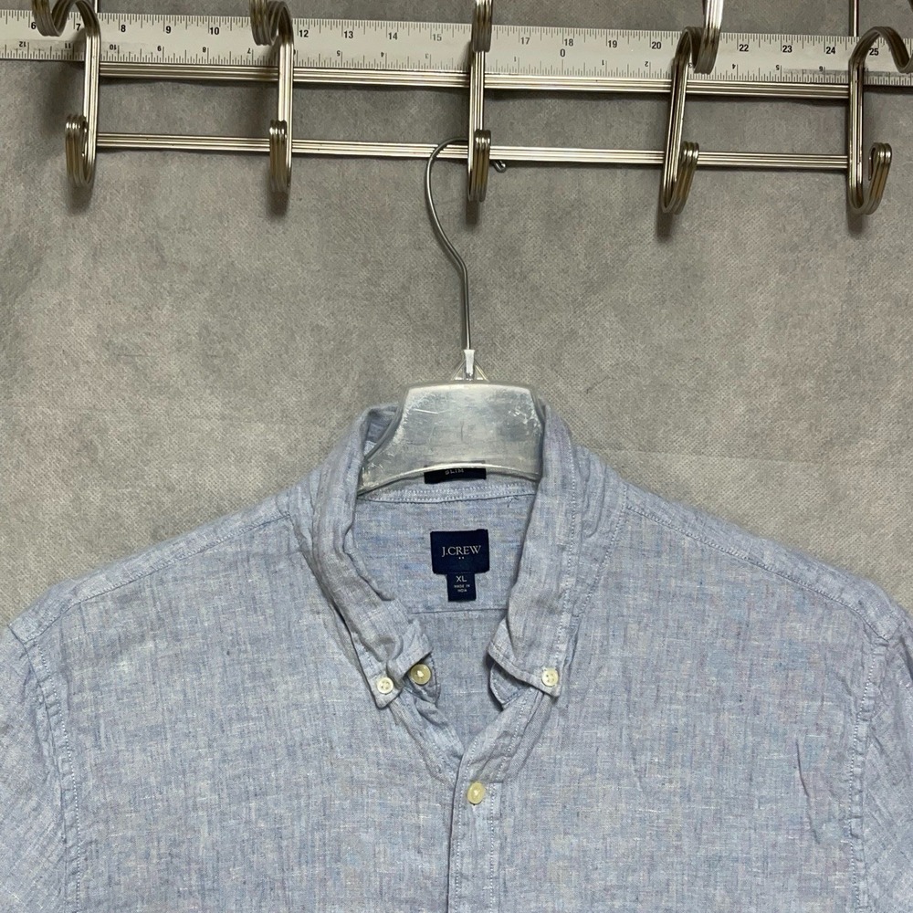 J Crew Shirt Men XL Blue Linen Cotton Button Up Slim S/S Casual Academia Hybrid
